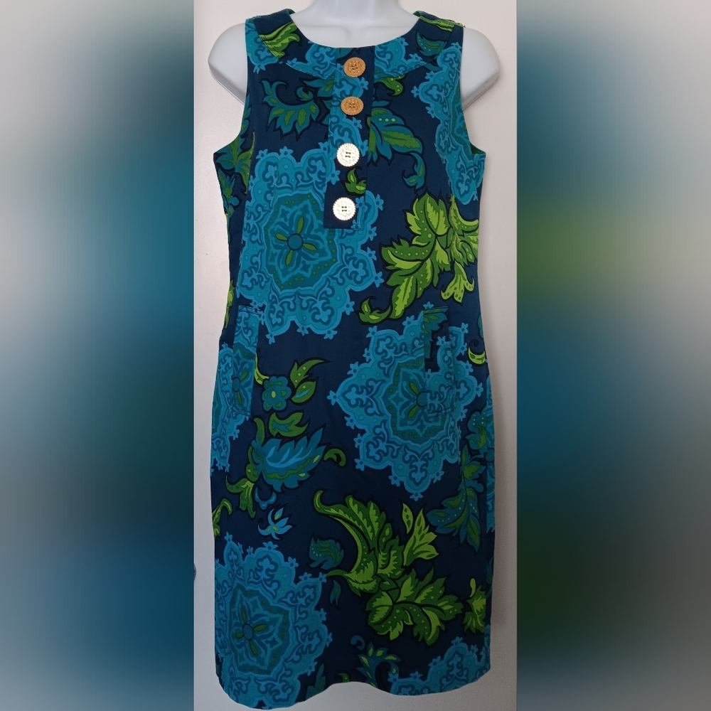 Taylor floral sleeveless shift dress pockets blue green lined buttons Zip Sz 8